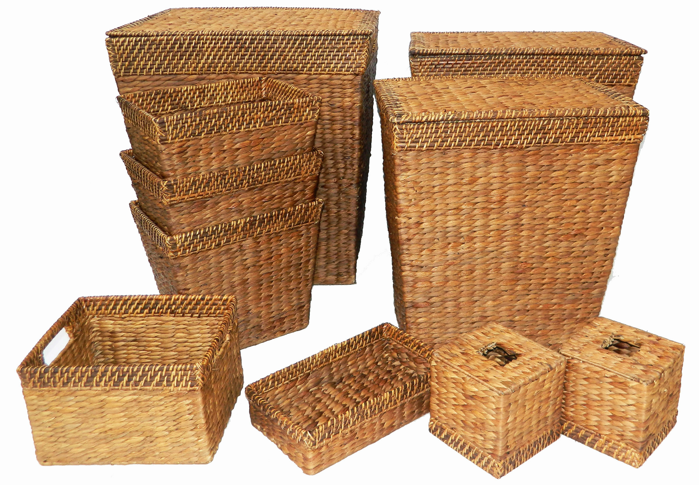 10pc rectangular water hyacinth baskets with rattan rim